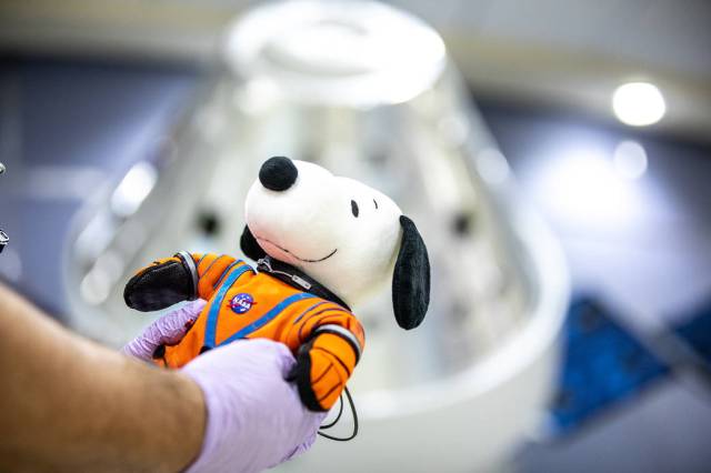 Artemis I Snoopy is on display in the lobby of the Neil Armstrong Operations and Checkout Building at NASA's Kennedy Space Center in Florida on Jan. 5, 2023.