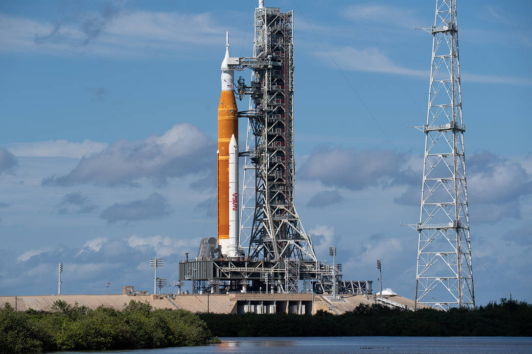 NASA’s Space Launch System (SLS) rocket with the Orion spacecraft aboard is seen atop the mobile launcher at Launch Pad 39B, Friday, Nov. 11, 2022, at NASA’s Kennedy Space Center in Florida. 