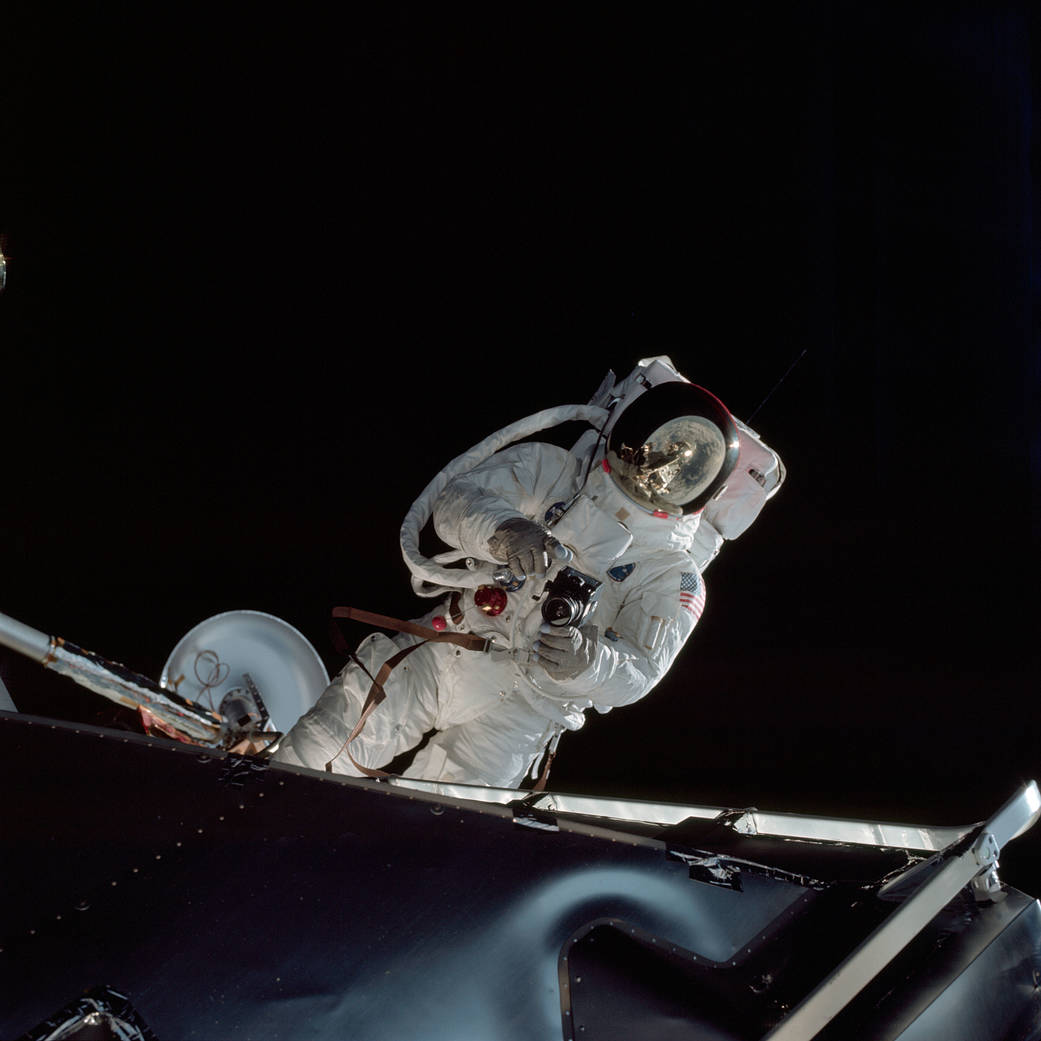Astronaut Russell L. Schweickart performs a spacewalk on the fourth day of the Earth-orbital Apollo 9 mission. 