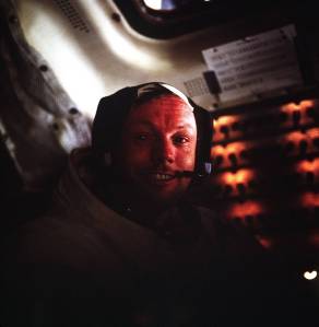 Neil Armstrong, Apollo 11 commander, inside the Lunar Module (LM) while the LM rested on the lunar surface.