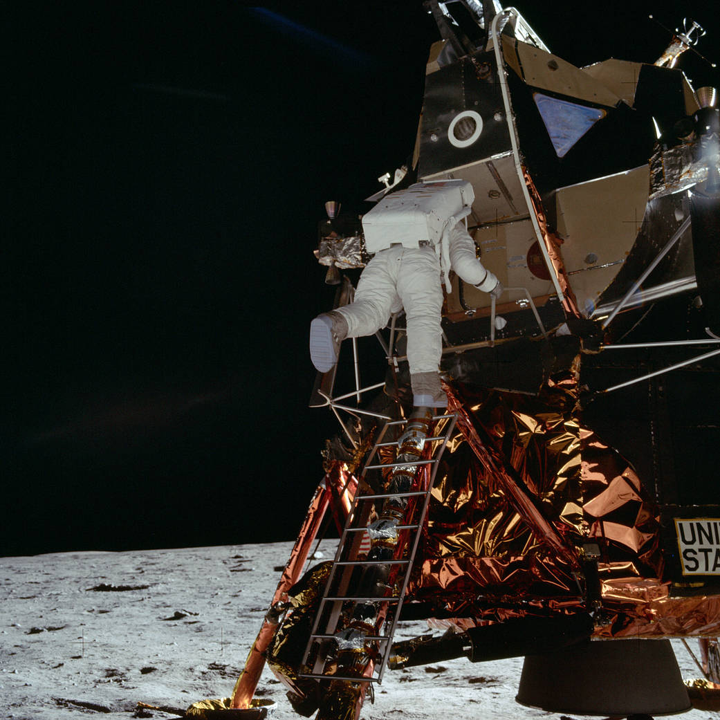 Astronaut Edwin E. Aldrin Jr. egresses the Lunar Module