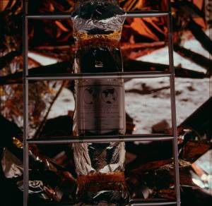 Close-up view of the plaque which the Apollo 11 astronauts left on the moon in commemoration of the historic lunar landing