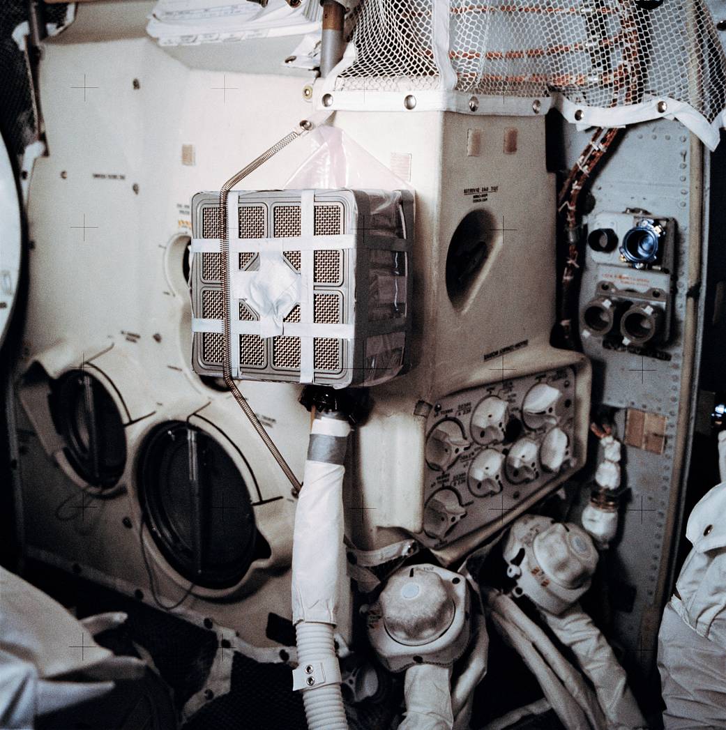 Closeup of system rigged up to remove carbon dioxide from Lunar Module