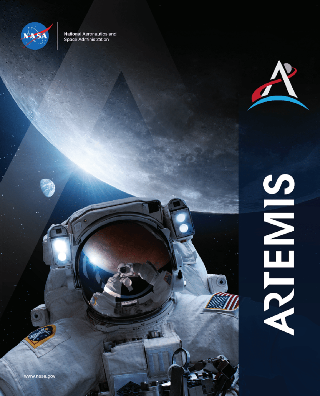EVA Astronaut with Moon and Artemis program logo. Banner.