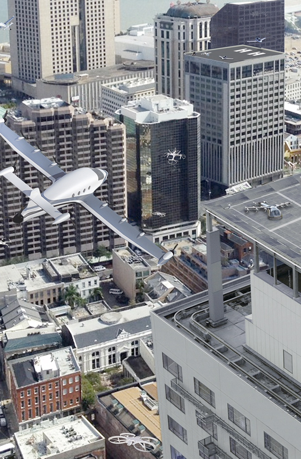 Artist's concept of various types of flying vehicles operating in an urban environment