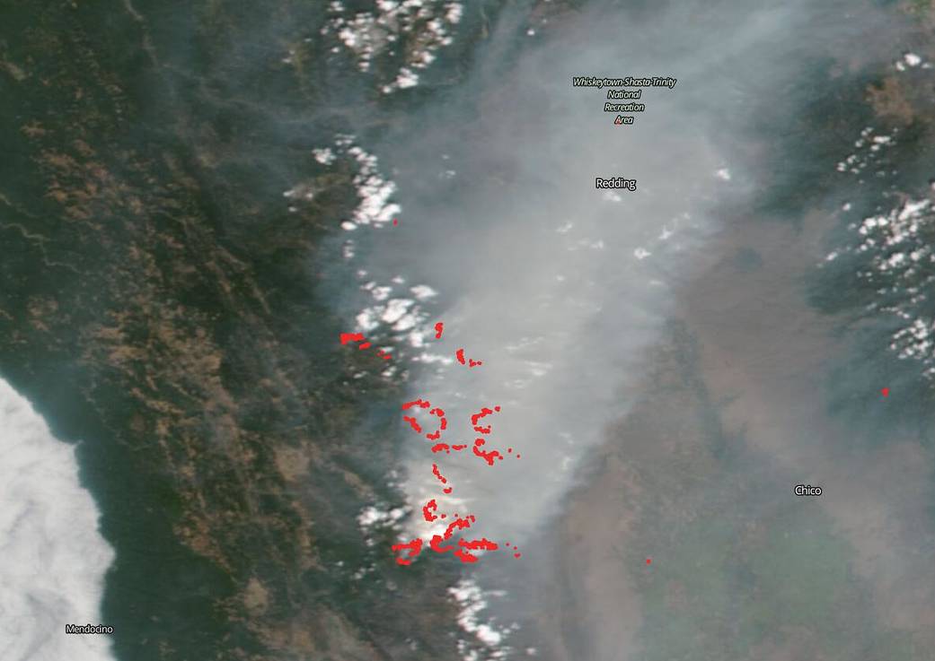 Natural color image of August Complex and nearby fires in California