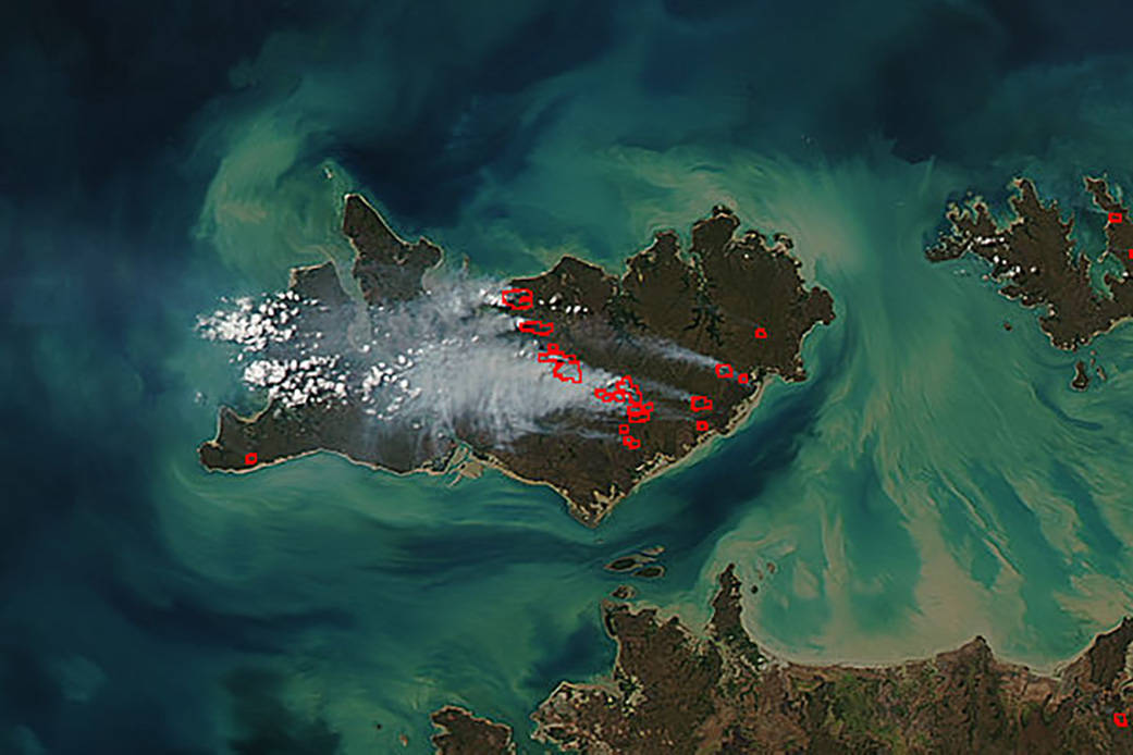 An island with red lines over it indicated fire locations