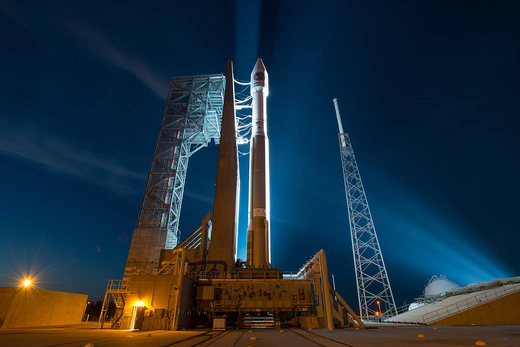 The Cygnus spacecraft sits on top of an Atlas V rocket ready for launch to the International Space Station on March 22, 2016.