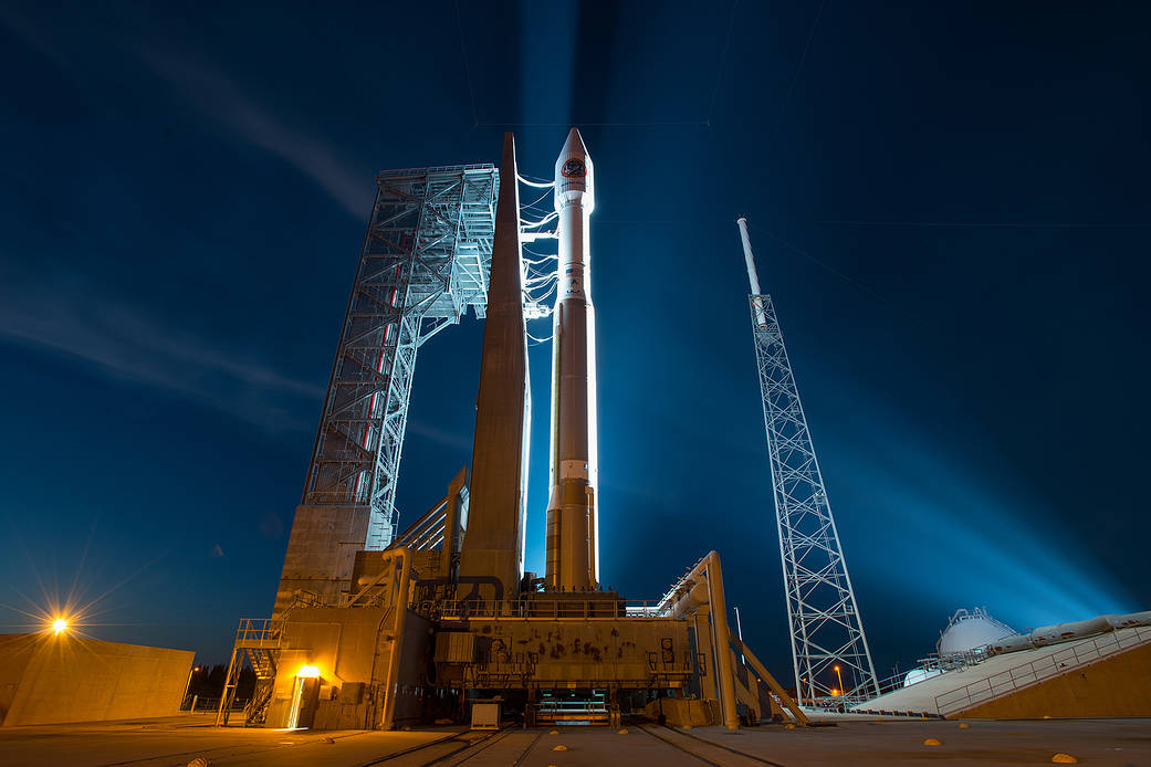 The Cygnus spacecraft sits on top of an Atlas V rocket ready for launch to the International Space Station on March 22, 2016.