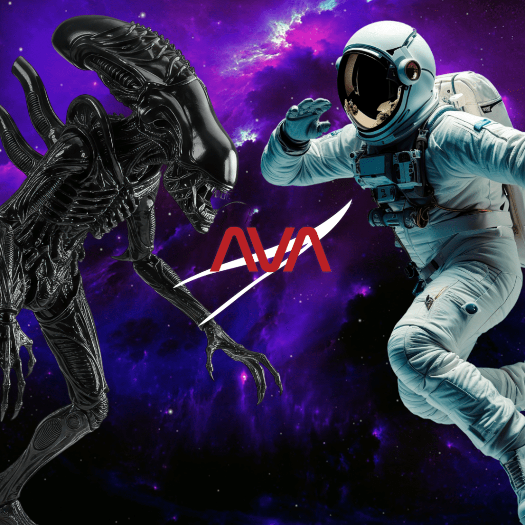 A xenomorph alien facing an astronaut with the Aliens vs Astronauts 5K logo between the two figures.