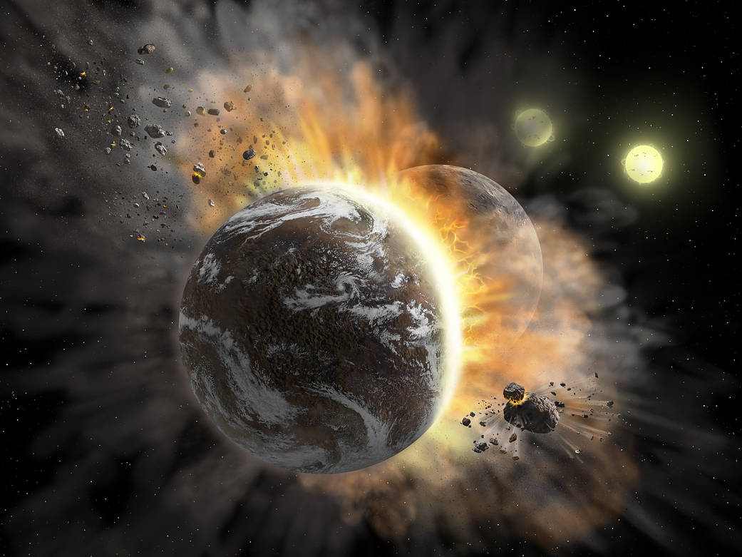 Artist’s concept illustrating a catastrophic collision between two rocky exoplanets in the planetary system