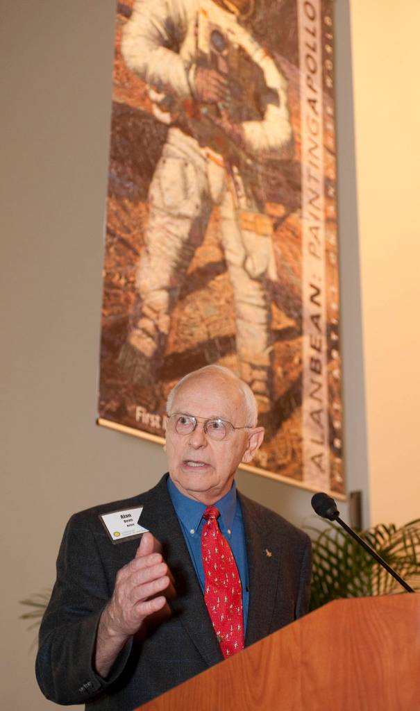 NASA Apollo 12 Astronaut and artist Alan Bean gives remarks at the opening of the exhibit "Alan Bean: Painting Apollo, First Art