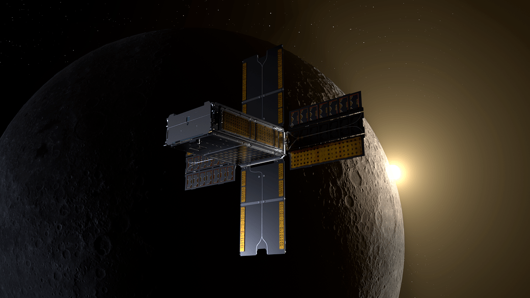 Illustration of the BioSentinel spacecraft, flying past the Moon with the CubeSat's solar arrays fully deployed, facing the Sun.