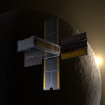 Illustration of the BioSentinel spacecraft, flying past the Moon with the CubeSat's solar arrays fully deployed, facing the Sun.
