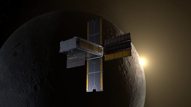 Illustration of the BioSentinel spacecraft, flying past the Moon with the CubeSat's solar arrays fully deployed, facing the Sun.