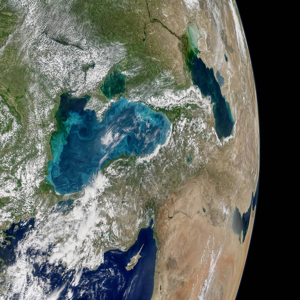 Image from orbit of Black Sea with phytoplankton swirls