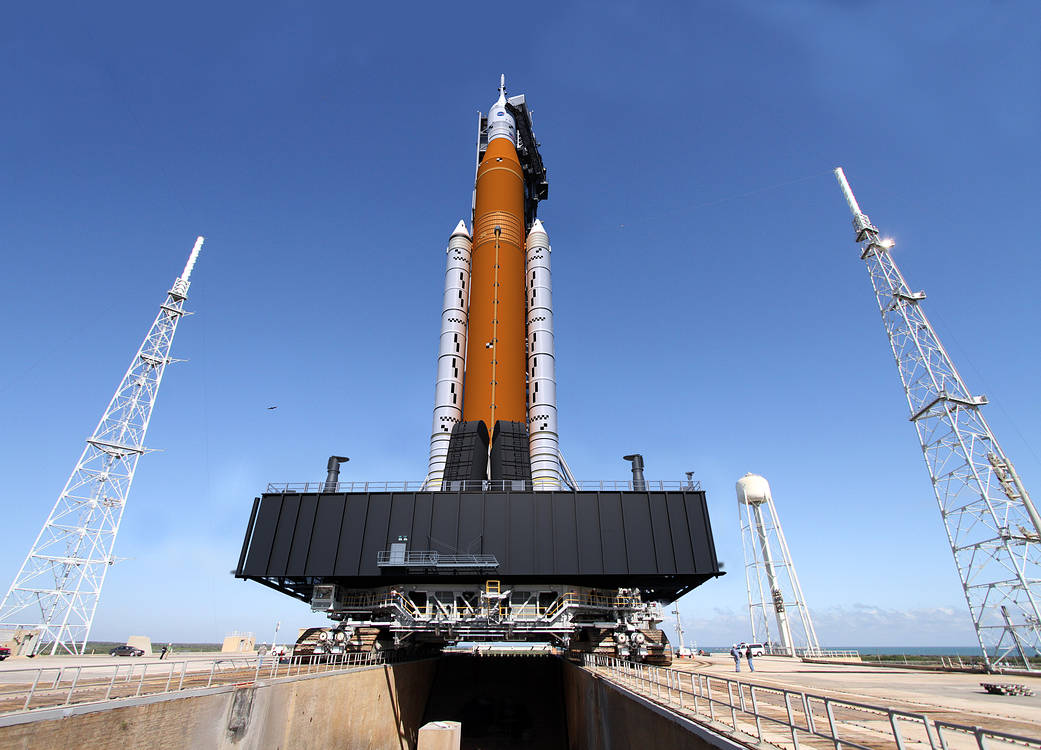 Fisheye view of Block 1 SLS on Launchpad