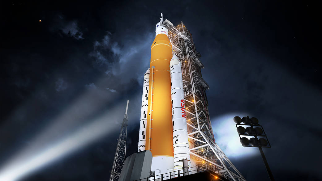 the Space Launch System (SLS), in its Block 1 crew vehicle configuration with WORM LOGO