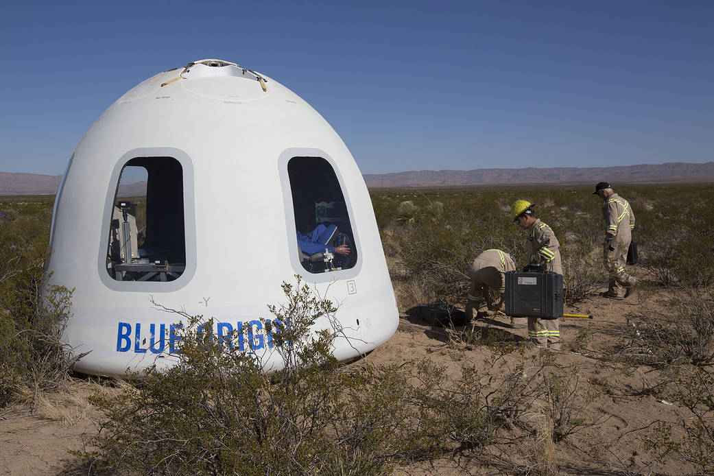After completing a successful flight, a Blue Origin capsule lands safely in the West Texas desert on Dec. 12.