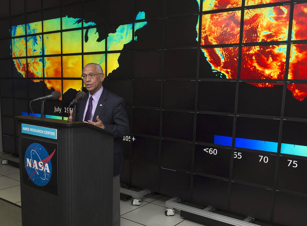 NASA Administrator Bolden speaks in front of the hyperwall at Ames