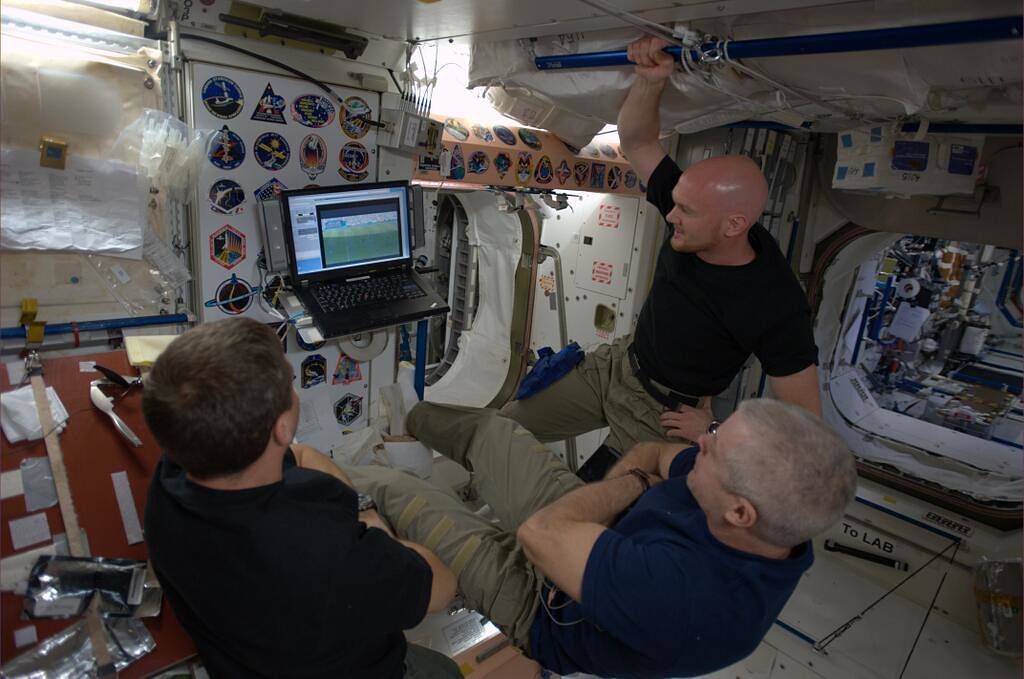 NASA Astronauts Reid Wiseman, Steve Swanson and ESA Astronaut Alexander Gerst squeeze in ten minutes of live World Cup matches b
