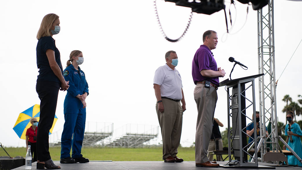 NASA Administrator Jim Bridenstine addresses the media on July 29, 2020, before the Mars 2020 Perseverance rover launch.