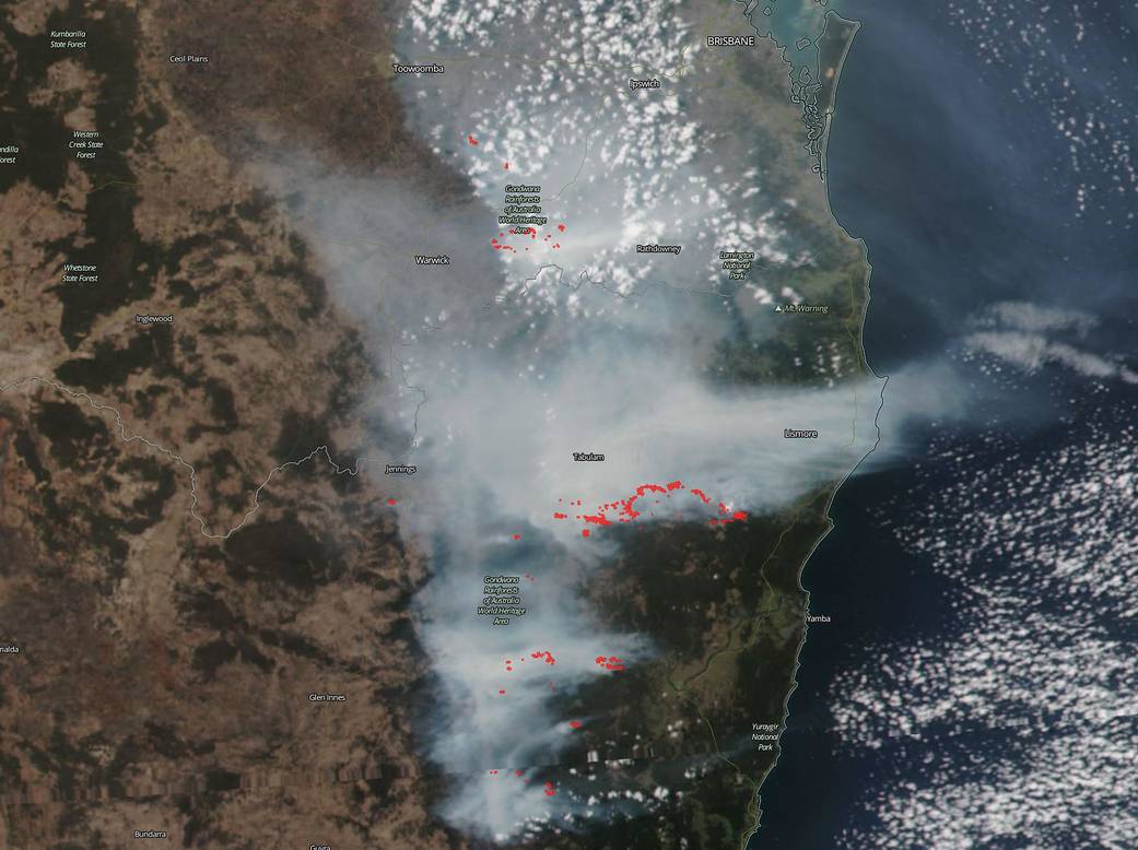 satellite image of fire/smoke in Australia