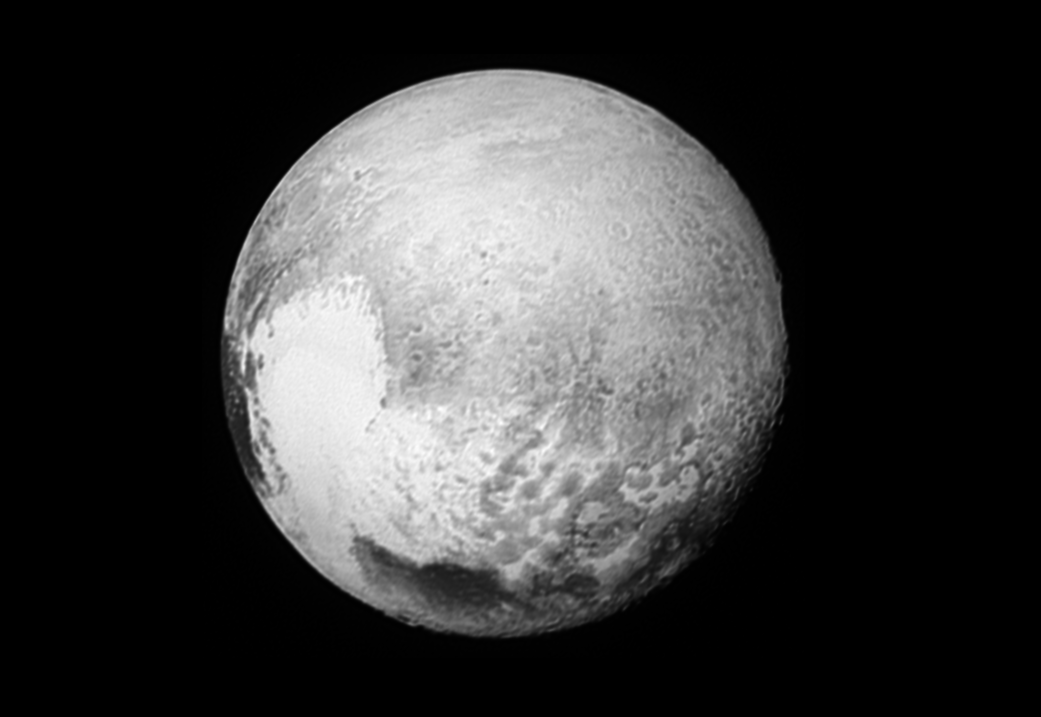 Pluto in black and white showing "heart" shape on southern hemisphere