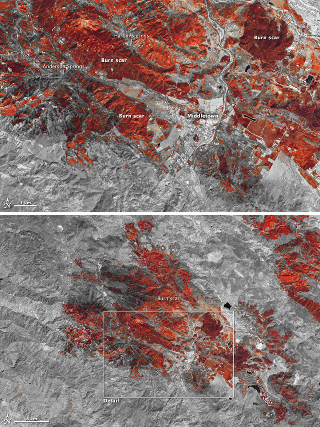 Showing wildfire scars in Calfornia using the Landsat satellite