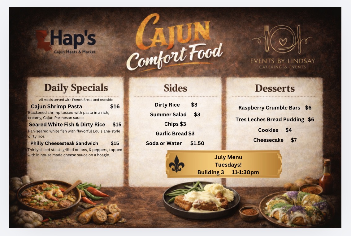 A menu for Hap's Cajun Comfort, a JSC B3 food vendor on Tuesdays.