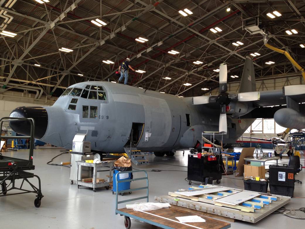 NASA's C-130 research aircraft being prepared for the ARISE campaign