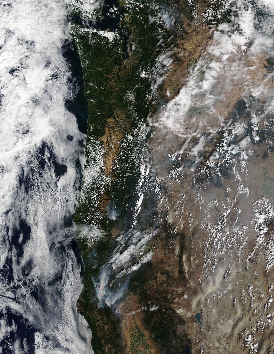 Terra image of fires in California, Oregon, Washington