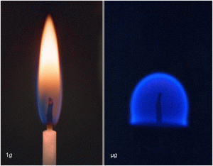 On Earth, gravity-driven buoyant convection causes a candle flame to be teardrop-shaped and carries soot to the flame's tip, which makes it yellow. In microgravity, where convective flows are absent, the flame is spherical, soot-free and blue.