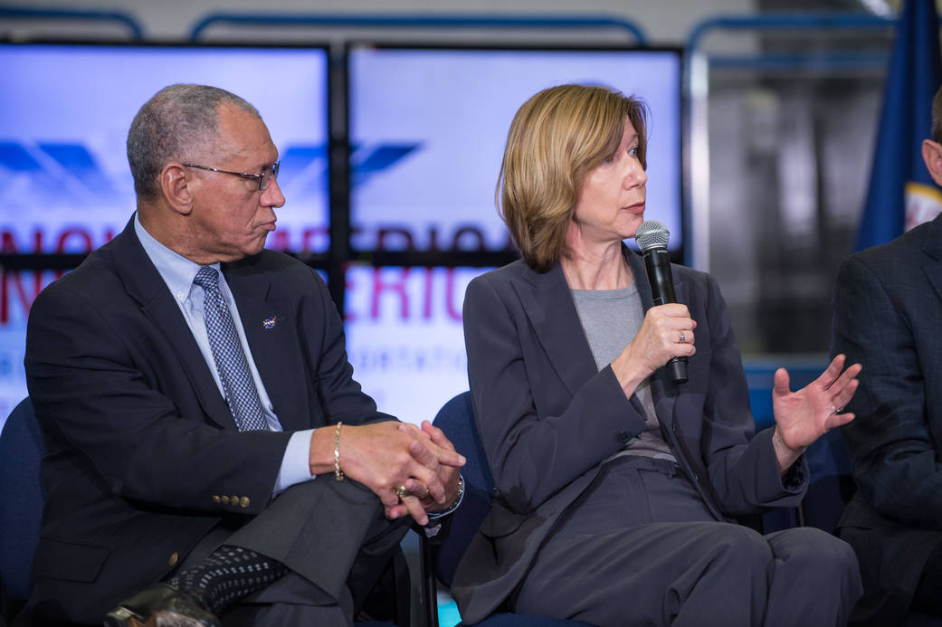 Kathy Lueders, program manager of NASA's Commercial Crew Program, right, and NASA Administrator Charles Bolden