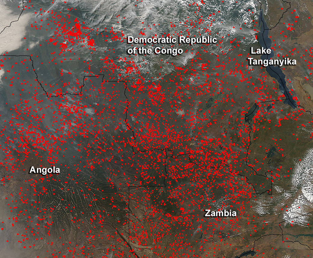 satellite image of fires in Angola, Zambia, Democratic Republic of the Congo