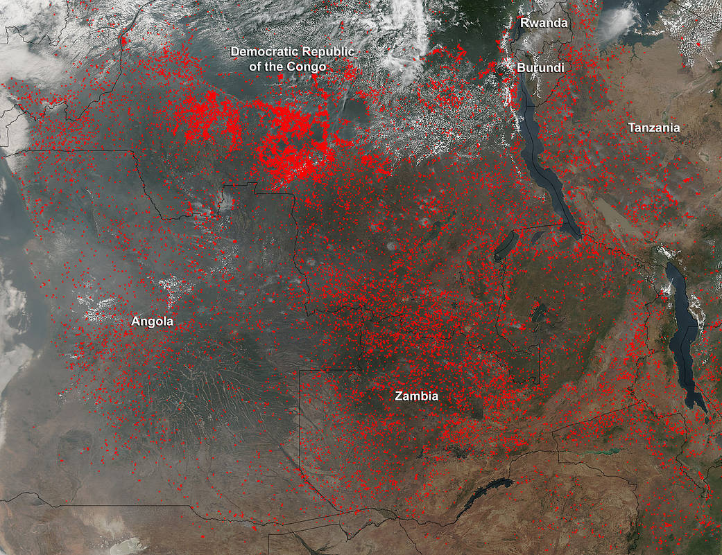 satellite view of Central Africa with red pixels