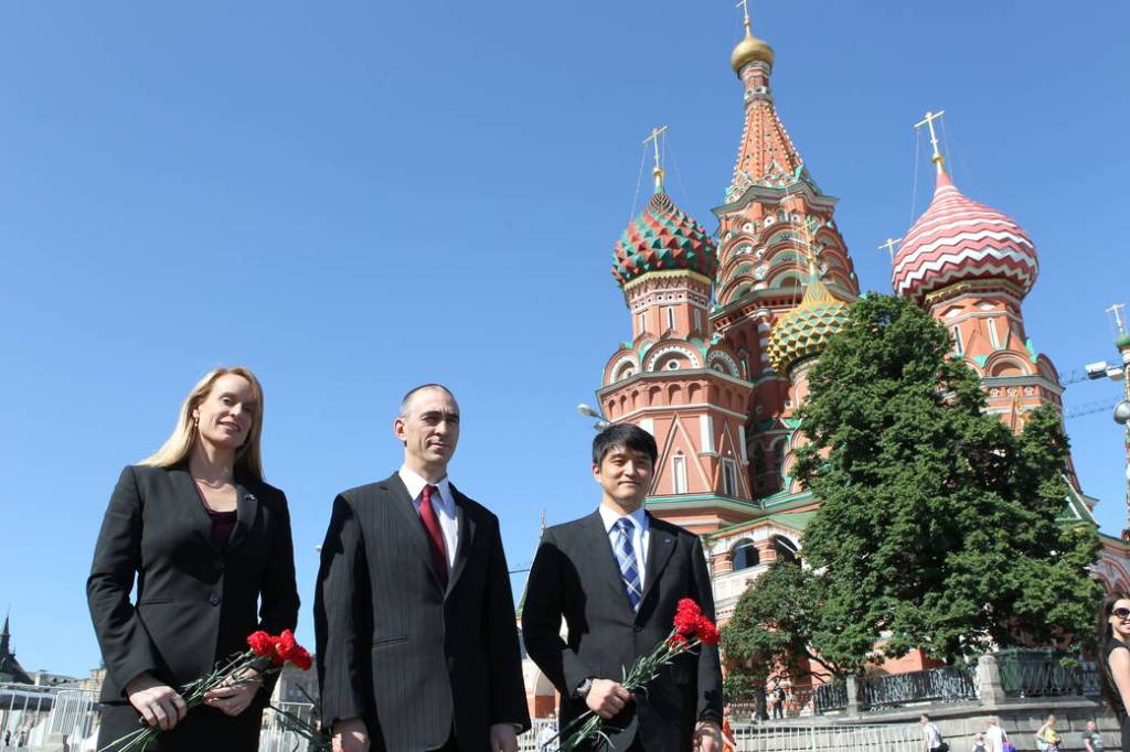Expedition 48-49 Crew Members at St. Basil’s Cathedral in Moscow’s Red Square