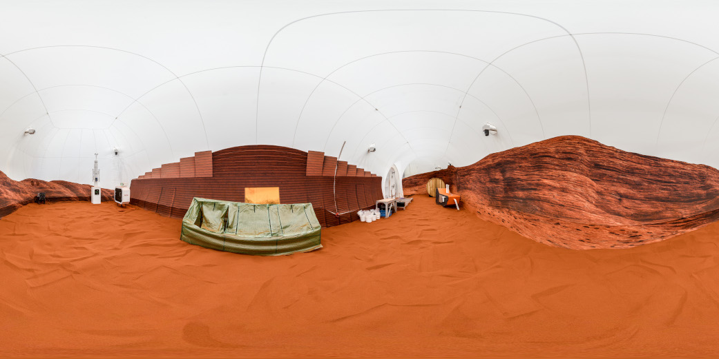 A 360-degree view inside the sandbox portion of the Crew Health and Performance Exploration Analog habitat at NASA’s Johnson Space Center in Houston.