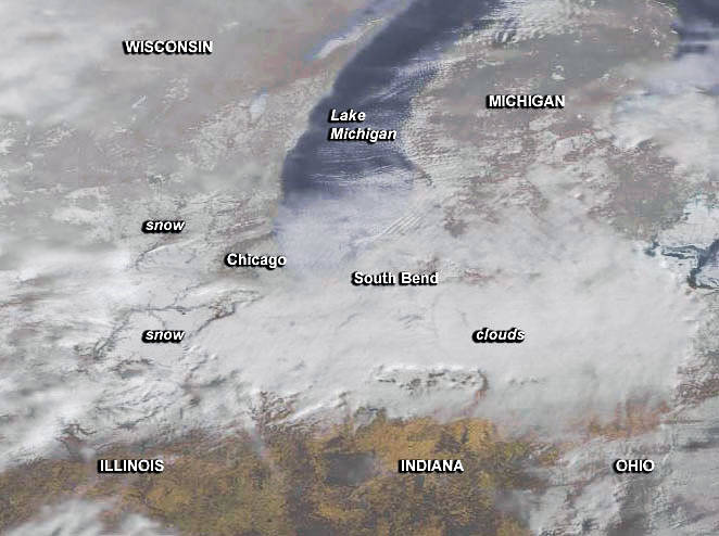 Satellite image of the snow blanketing Chicago