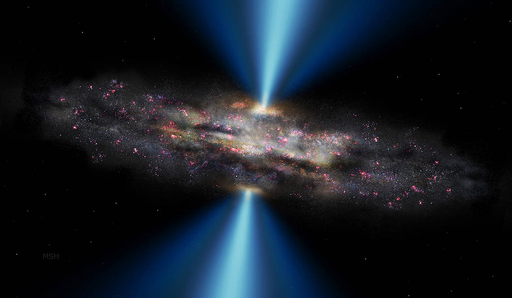 Illustration of supermassive black hole at center of normal sized galaxy