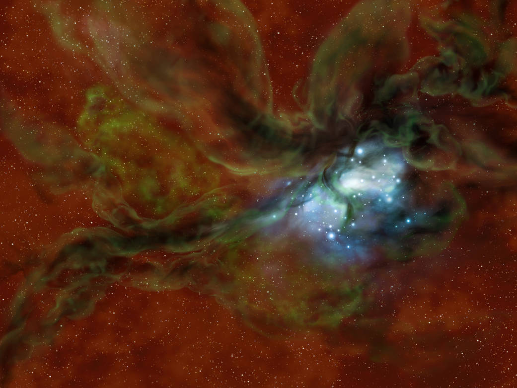 Illustration of a star cluster forming from the collision of turbulent molecular clouds surrounded by green atomic envelopes.