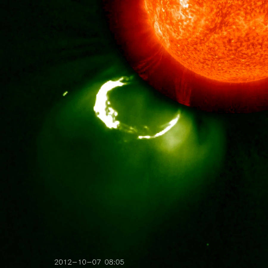 This CME image from Oct. 7, 2012, captured by two instruments on STEREO, shows the eruption from its base out into space.