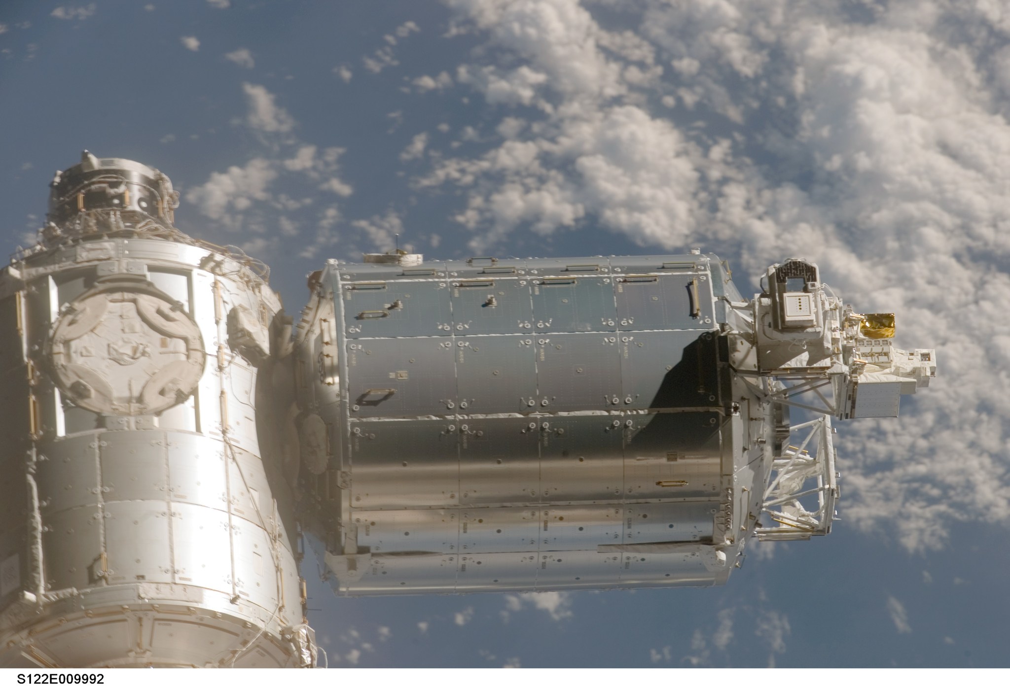 The Columbus laboratory module, from ESA (European Space Agency), is pictured attached to the International Space Station's Harmony module by an astronaut aboard space shuttle Atlantis after it undocked on Feb. 18, 2008, during the STS-122 mission.