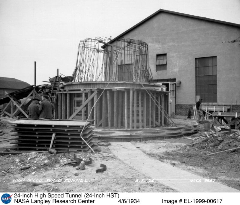 The status of construction of Building 585, the 24-Inch High-Speed Tunnel, on April 6, 1934.