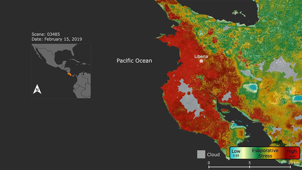 ECOSTRESS image shows plant stress in the Guanacaste region of Costa Rica