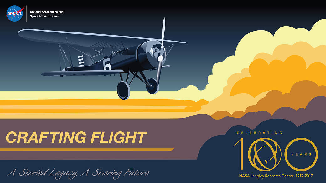 This is a vector graphic of a plane soaring above clouds. There is text in the image that reads "Crafting Flight" and "A Storied Legacy, A Soaring Future."