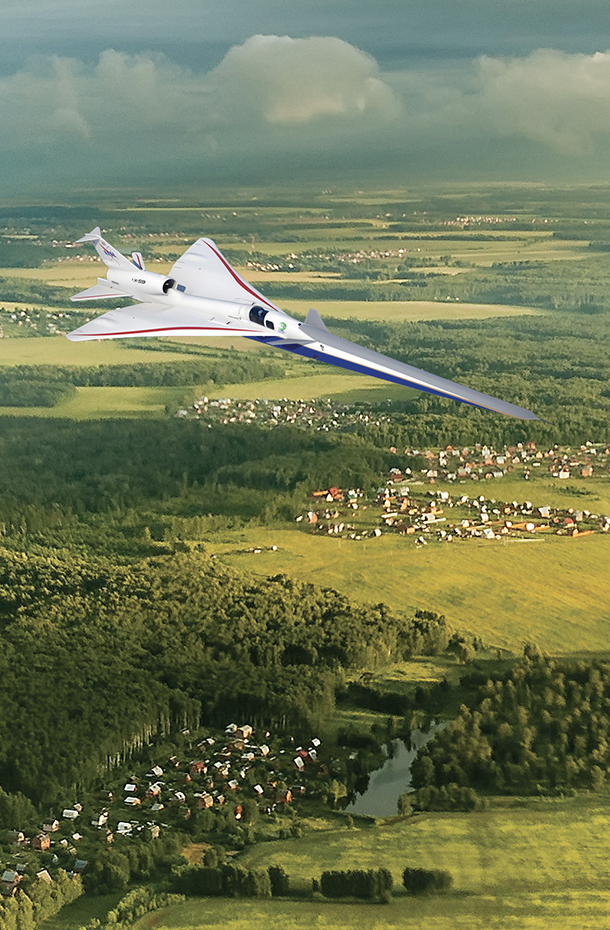 Artist illustration of the X-59 in flight over a community.