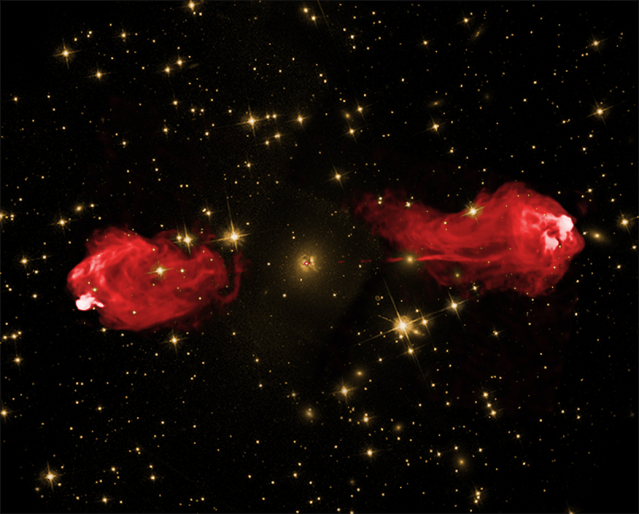 Two images of Cygnus A layered over each other to show the galaxy’s jets glowing in red and background stars in yellow.