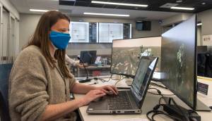 Andrea Connell, software engineer at NASA’s Jet Propulsion Laboratory in Southern California, works with the Component-based Campaign Planning, Implementation, and Tactical software tool, or COCPIT, in the Mars 2020 Perseverance Tactical Planning Room.