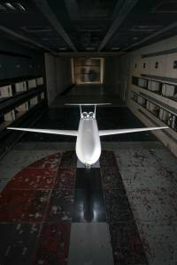 This scale model of a potential future aircraft concept sits inside the 14 by 22-Foot Subsonic Wind Tunnel at NASA Langley.